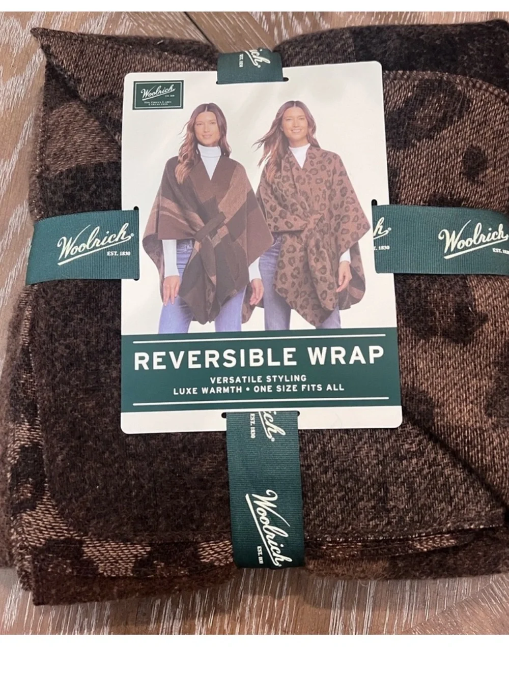 Woolrich Reversible Wrap Poncho Brown Plaid Leopard One Size NWT MSRP $79